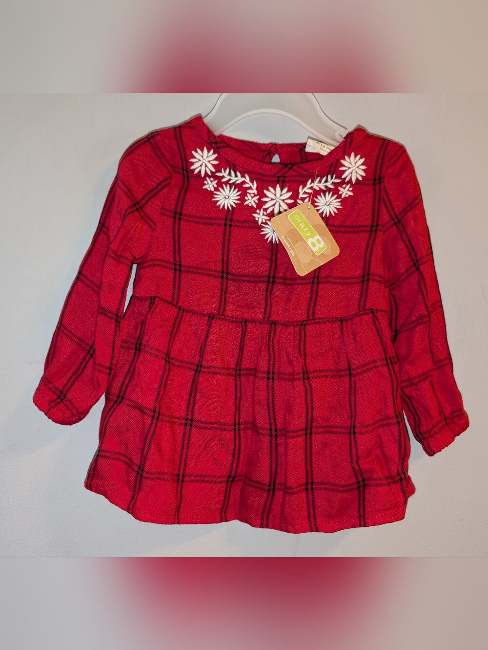 🆕 Crazy 8 Stay Toasty Baby Girls Red Plaid Long-Sleeve Top with Embroidery 6-12